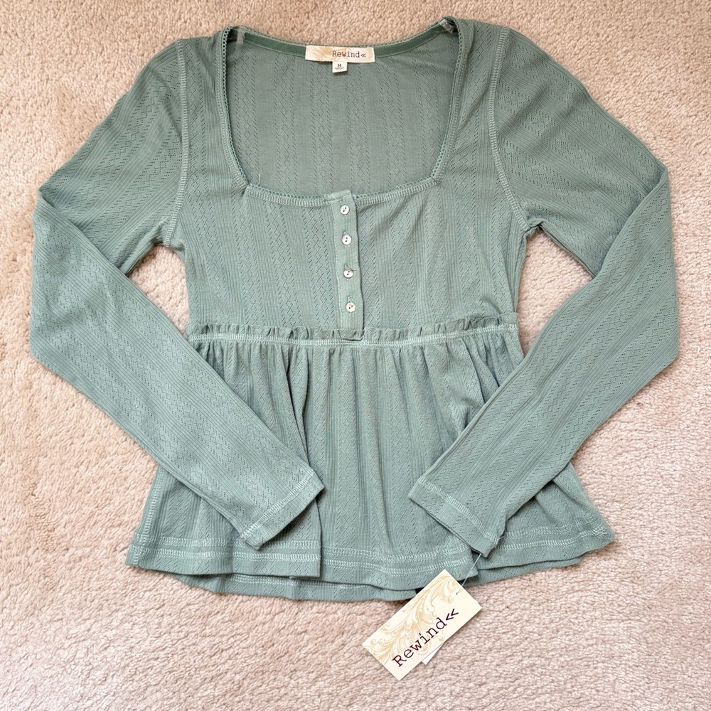 NWT BABYDOLL TOP LONG SLEEVE GREEN BLOUSE BUTTON Y2K COQUETTE COTTAGECORE M - Picture 2 of 7